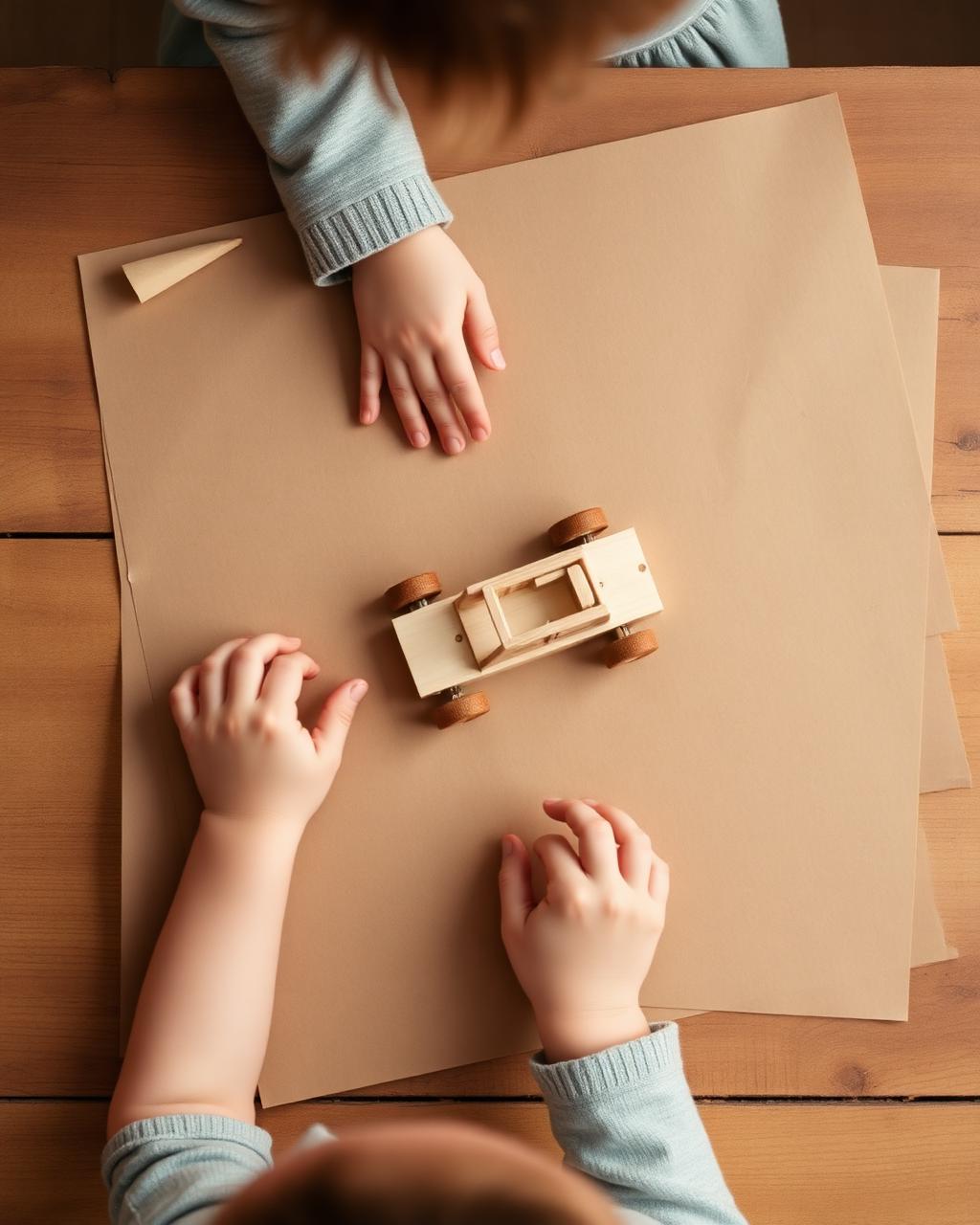 A child's hands assembling a wooden toy car kit on a rustic table